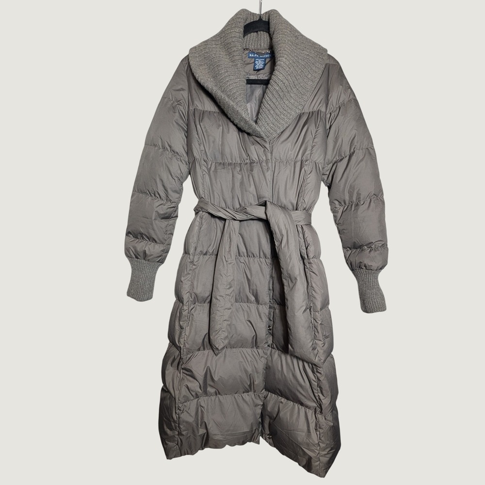 Vtg Ralph Lauren Down Puffer Long Coat Grey Wool Cashmere Collar Women Sm READ